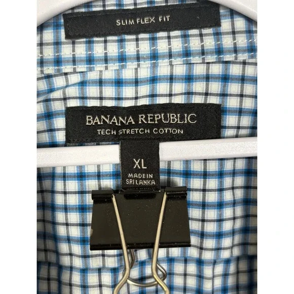 Banana Republic Mens XL Slim Flex Fit Tech Stretch Cotton Blue Check Shirt - Picture 3 of 9